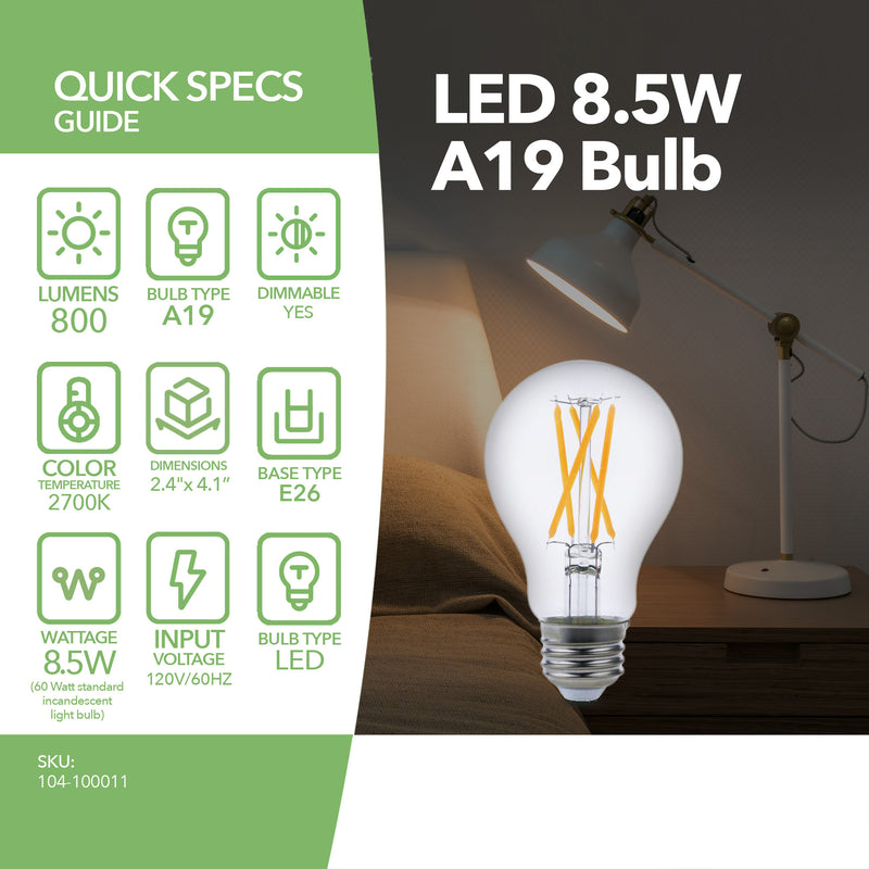 LED Filament Bulb - A19 - 60 Watt Equivalent - E26 - Dimmable