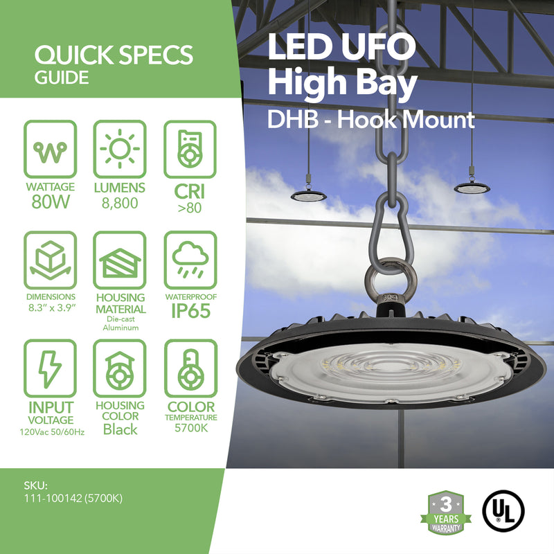 LED High Bay - 80W - 4 Pack - 8,800 Lumens - Slim UFO - Hook Mount - UFO Series - UL