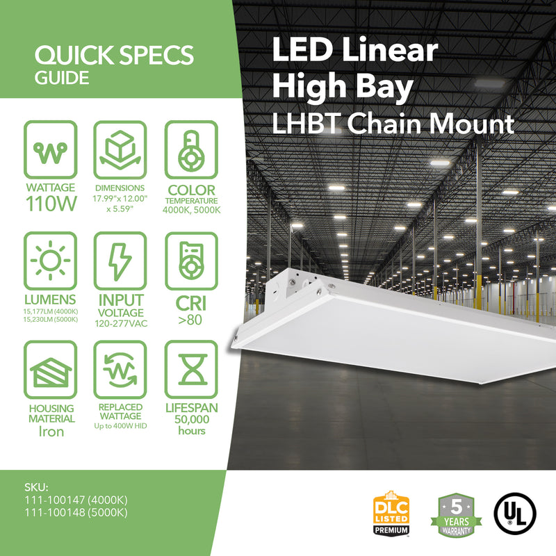 LED Linear High Bay - 110W - LHBT - 1.5ft - Chain Mount - UL+DLC