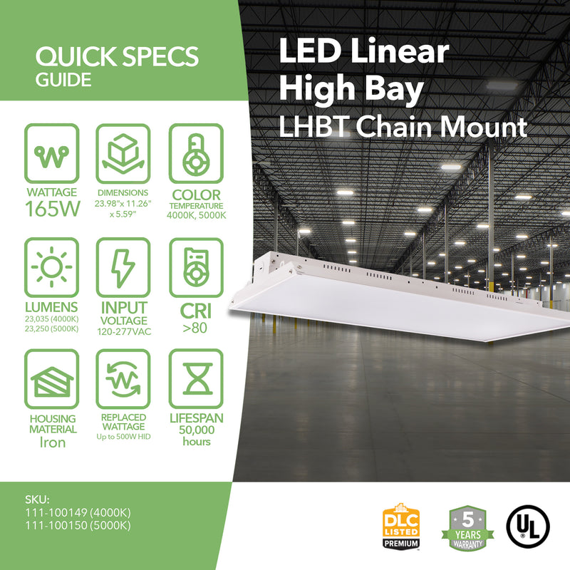 LED Linear High Bay - 165W - LHBT- 2ft - Chain Mount - UL+DLC