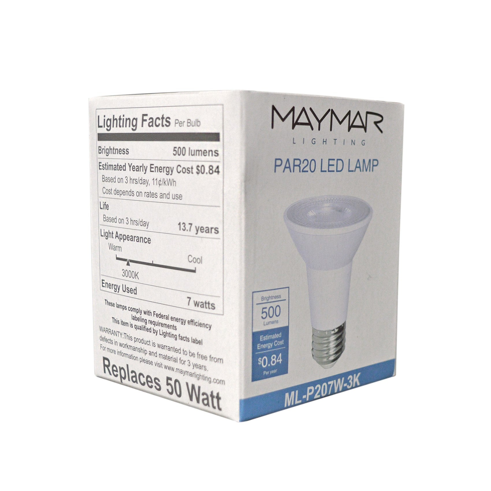 LED PAR20 - 7W - 500lm - 40° - Dimmable - UL